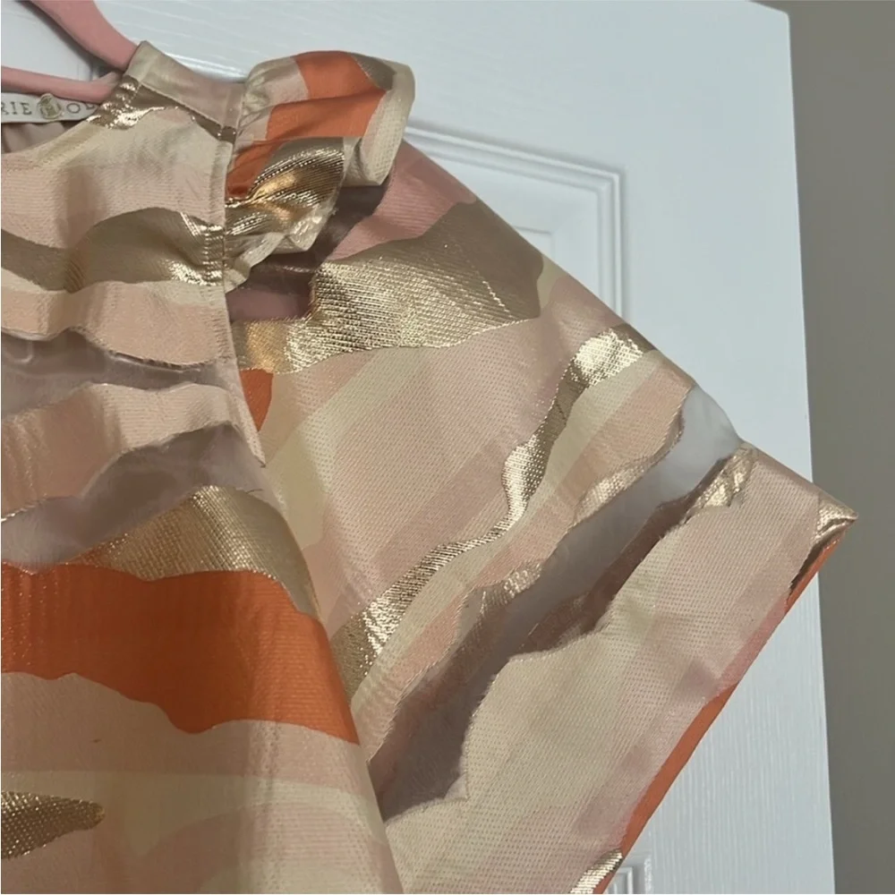 Marie Oliver Peach & Gold Metallic Stripe Ruffle Top